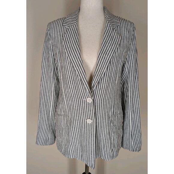 MM Couture Blue Striped Linen Blazer Jacket Womens Lightweight Button-Up Size M - Picture 1 of 9